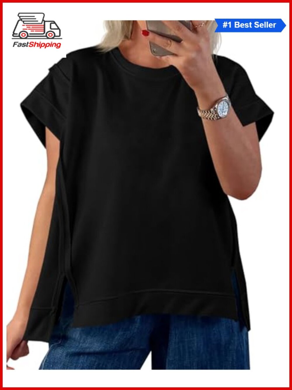 Oversized Cap Sleeve Side Slit Tee Loose Fit Crew Neck Summer Top